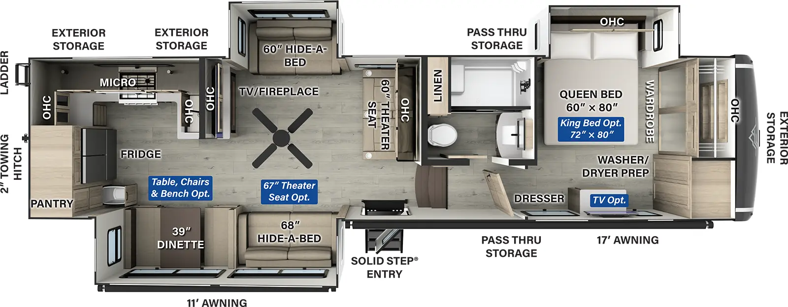 The Flagstaff Classic Fifth Wheels F371RK has one entry and three slide outs. Exterior features include: fiberglass exterior and 11' & 13' awning. Interiors features include: rear kitchen and front bedroom.